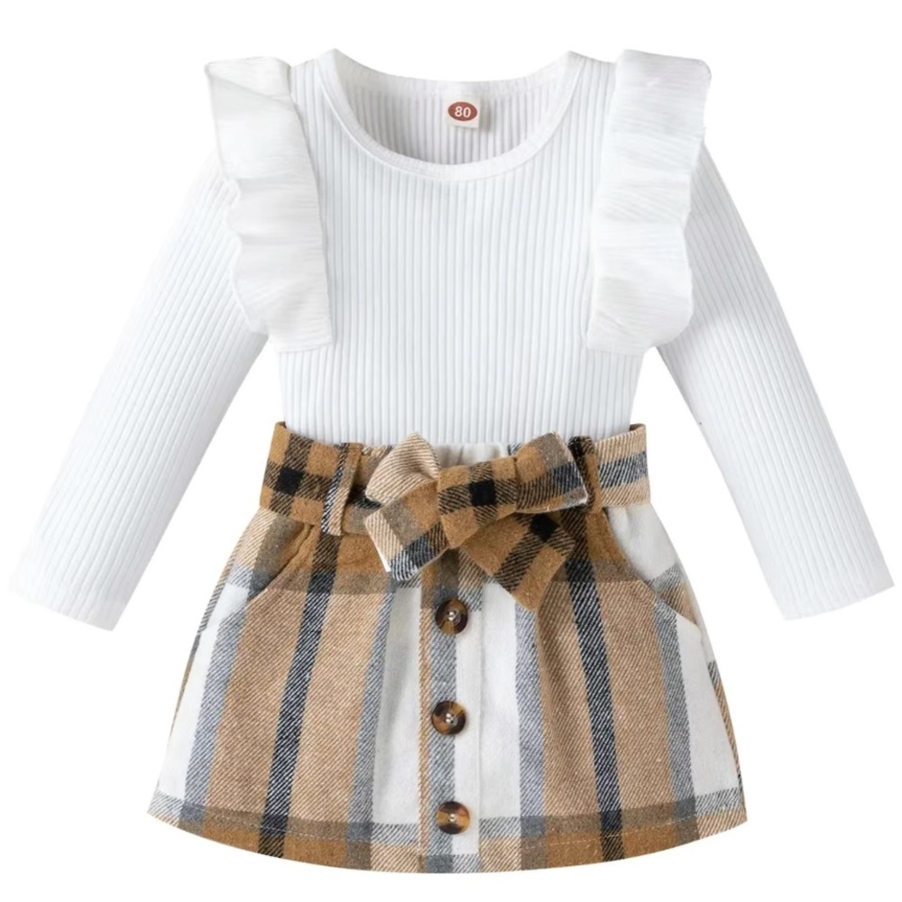 Baby Girls Knitted Long Sleeve Ruffle Top & Plaid Skirt Set Kids Clothes